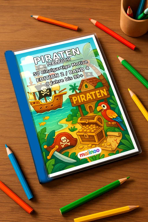 Piraten Malbuch 50 Ausmalbilder gedruckt+gebunden – Mockup-Ansicht
