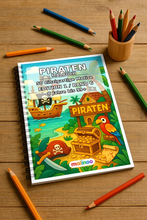 Piraten Malbuch 50 Ausmalbilder gedruckt und gebunden – Mockup-Ansicht