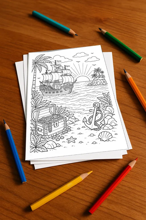 Piraten Malbuch 50 Ausmalbilder gedruckt+lose – Mockup-Ansicht