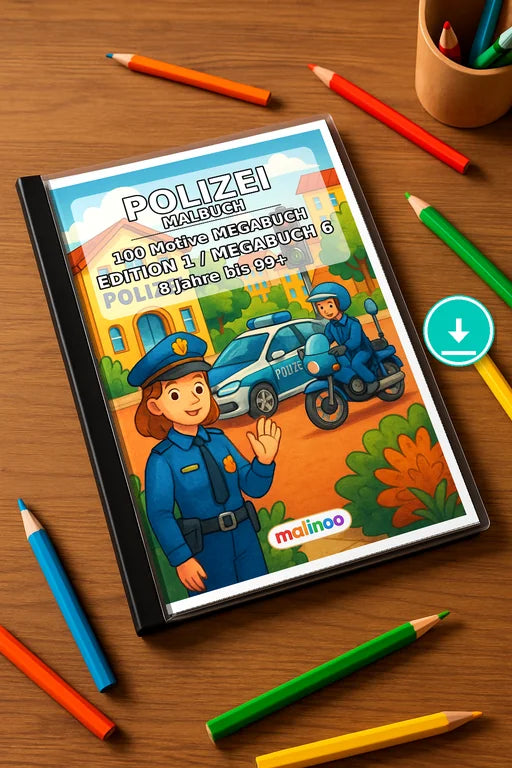 Polizei Malbuch 100 Ausmalbilder PDF Download – Mockup-Ansicht