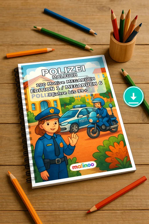 Polizei Malbuch 100 Ausmalbilder PDF Download digital – Mockup-Ansicht