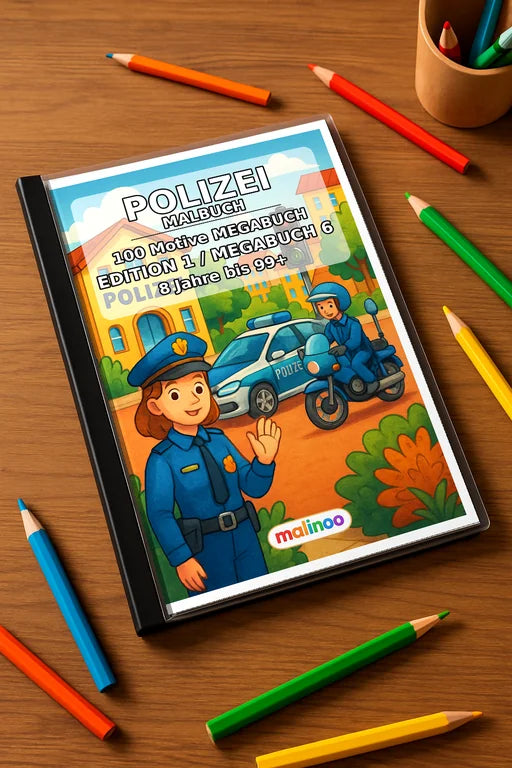 Polizei Malbuch 100 Ausmalbilder gedruckt+gebunden – Mockup-Ansicht