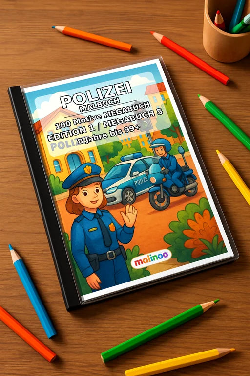 Polizei Malbuch 100 Ausmalbilder gedruckt+gebunden – Mockup-Ansicht