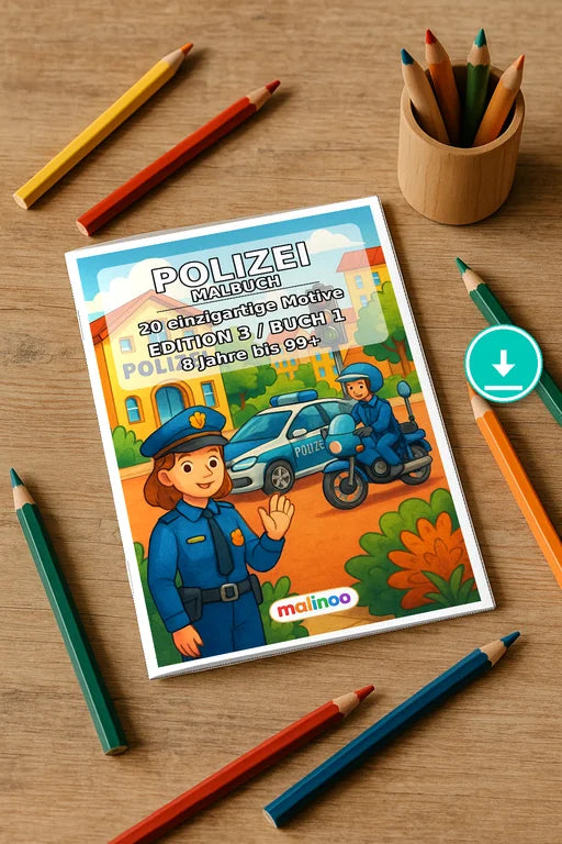 Polizei Malbuch 20 Ausmalbilder PDF Download – Mockup-Ansicht