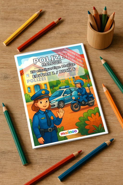 Polizei Malbuch 20 Ausmalbilder gedruckt und gebunden – Mockup-Ansicht