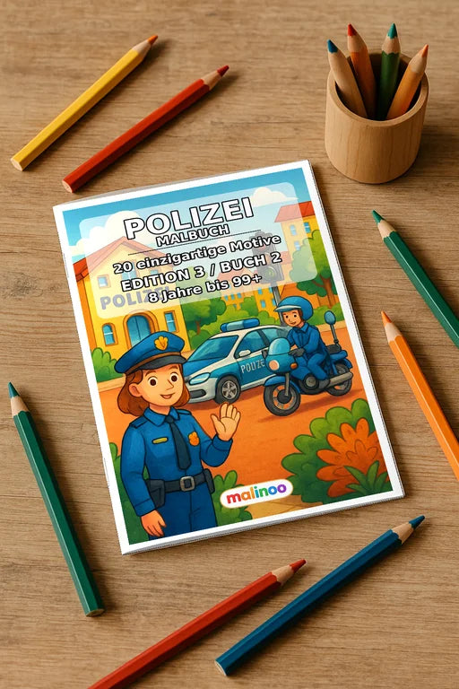 Polizei Malbuch 20 Ausmalbilder gedruckt+gebunden – Mockup-Ansicht