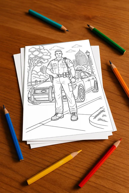 Polizei Malbuch 20 Ausmalbilder gedruckt, ungebunden – Mockup-Ansicht