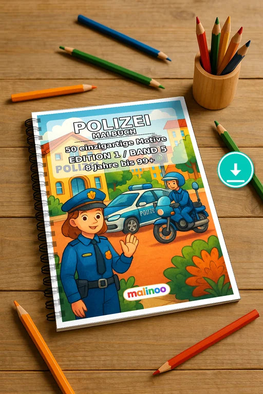 Polizei Malbuch 50 Ausmalbilder PDF Download digital – Mockup-Ansicht