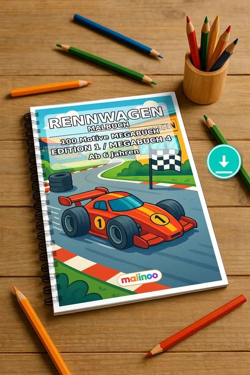 Rennwagen Malbuch 100 Ausmalbilder PDF Download – Mockup-Ansicht