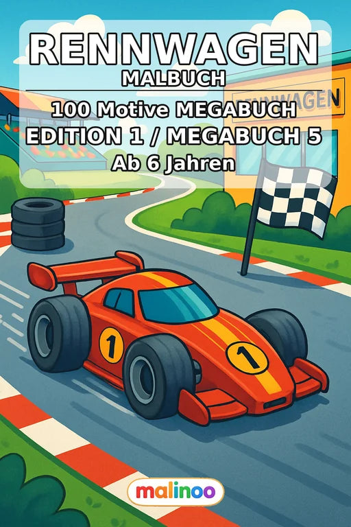 Rennwagen Malbuch 100 Ausmalbilder gedruckt+gebunden – Cover