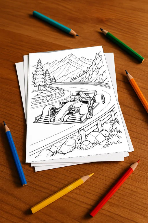 Rennwagen Malbuch 100 Ausmalbilder gedruckt+lose – Mockup-Ansicht