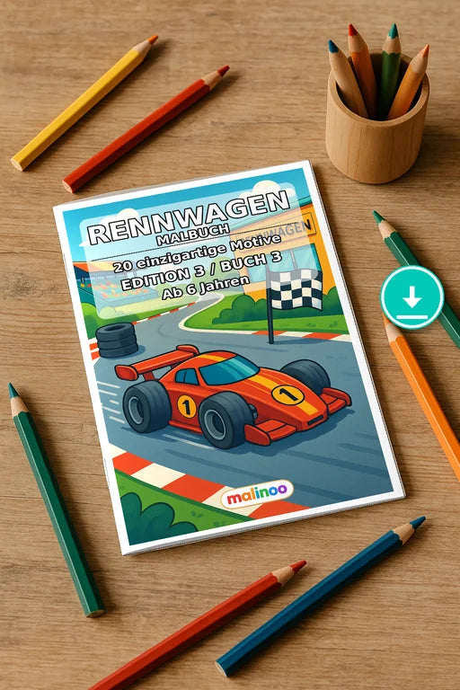 Rennwagen Malbuch 20 Ausmalbilder PDF Download – Mockup-Ansicht