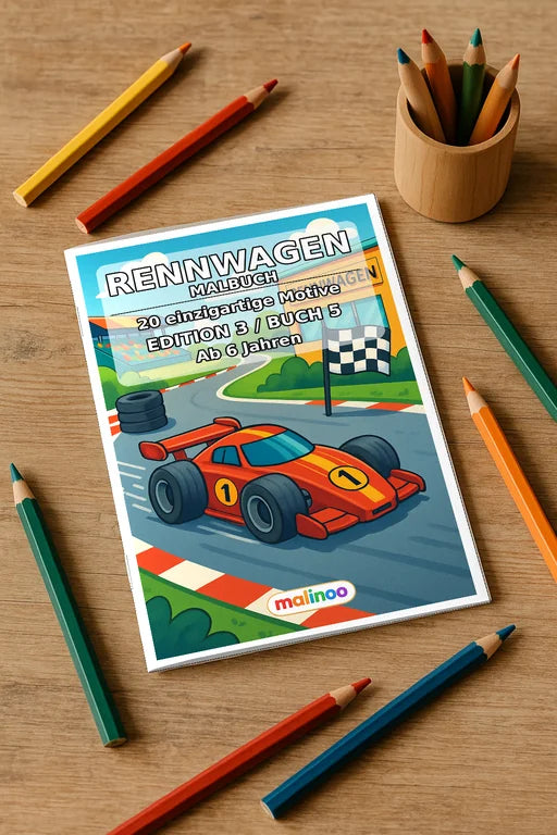 Rennwagen Malbuch 20 Ausmalbilder gedruckt+gebunden – Mockup-Ansicht