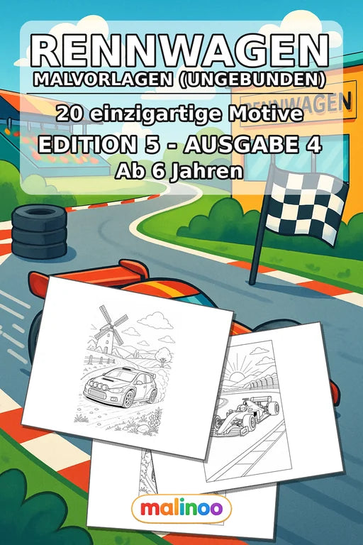 Rennwagen Malbuch 20 Ausmalbilder gedruckt, ungebunden – Cover