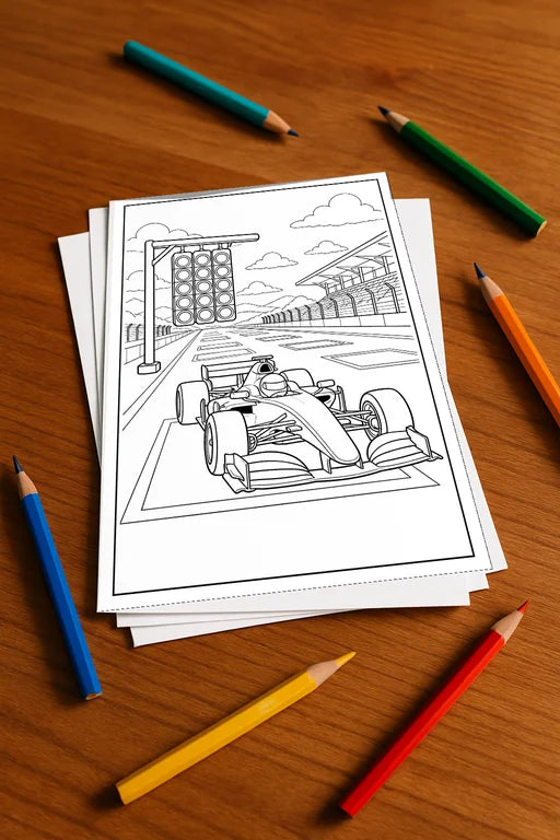Rennwagen Malbuch 20 Ausmalbilder gedruckt, ungebunden – Mockup-Ansicht