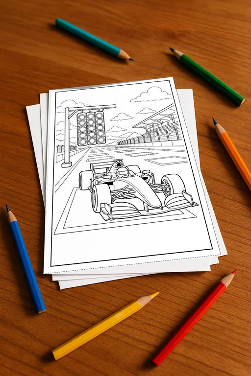 Rennwagen Malbuch 20 Ausmalbilder gedruckt+lose – Mockup-Ansicht