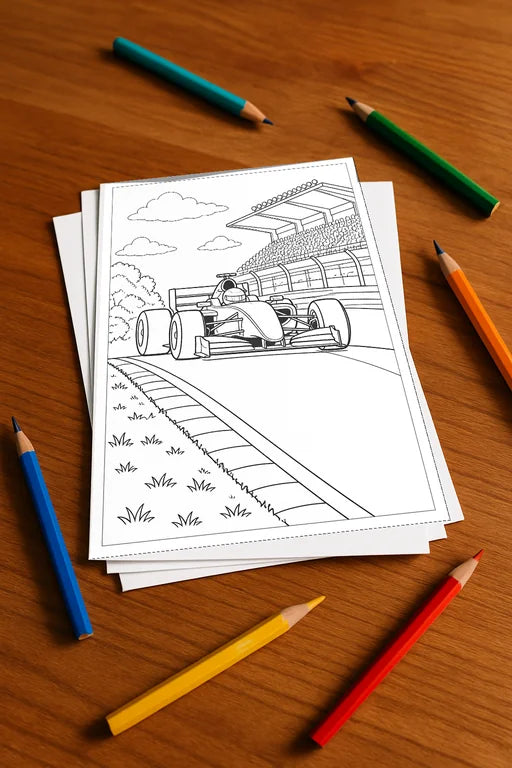 Rennwagen Malbuch 20 Ausmalbilder gedruckt+lose – Mockup-Ansicht