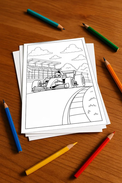 Rennwagen Malbuch 20 Ausmalbilder gedruckt+lose – Mockup-Ansicht