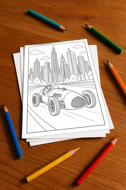 Rennwagen Malbuch 20 Ausmalbilder gedruckt+lose – Mockup-Ansicht