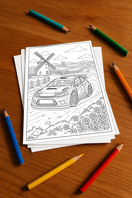 Rennwagen Malbuch 20 Ausmalbilder gedruckt+lose – Mockup-Ansicht