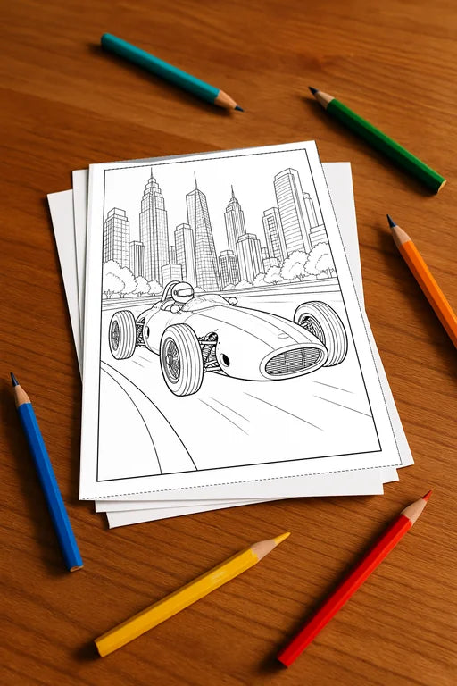 Rennwagen Malbuch 20 Ausmalbilder gedruckt+lose – Mockup-Ansicht