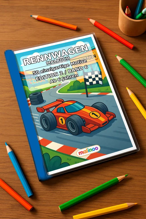 Rennwagen Malbuch 50 Ausmalbilder gedruckt+gebunden – Mockup-Ansicht