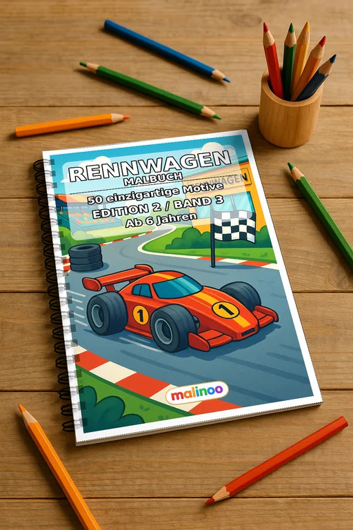 Rennwagen Malbuch 50 Ausmalbilder gedruckt und gebunden – Mockup-Ansicht