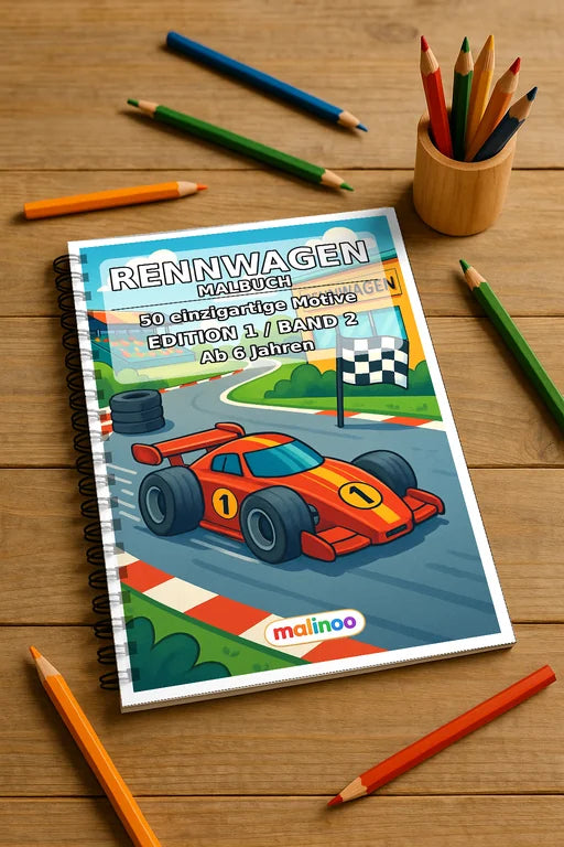 Rennwagen Malbuch 50 Ausmalbilder gedruckt und gebunden – Mockup-Ansicht