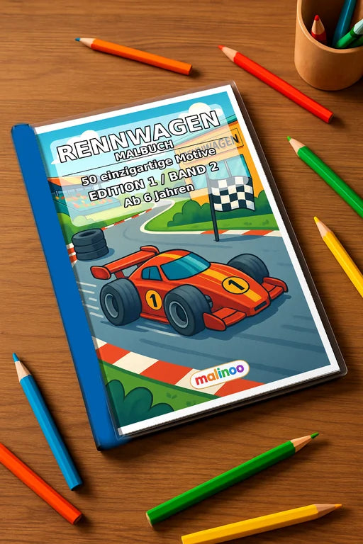Rennwagen Malbuch 50 Ausmalbilder gedruckt+gebunden – Mockup-Ansicht
