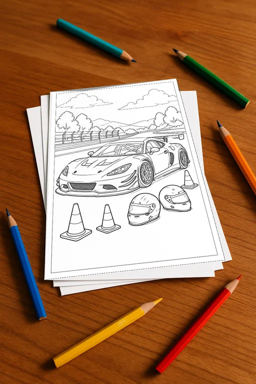 Rennwagen Malbuch 50 Ausmalbilder gedruckt+lose – Mockup-Ansicht