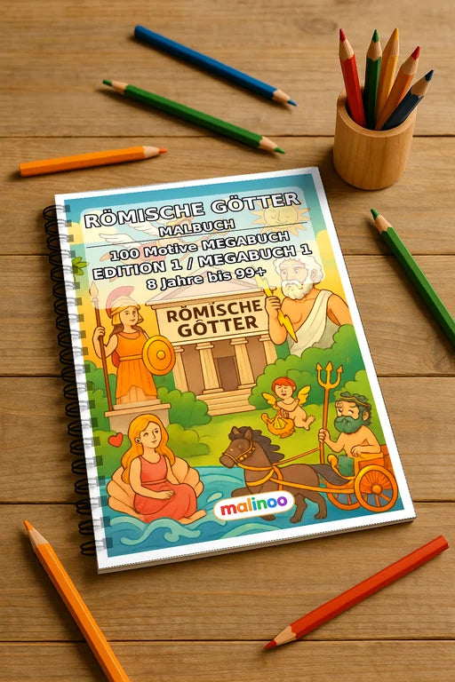 Römische Götter Malbuch 100 Ausmalbilder gedruckt und gebunden – Mockup-Ansicht