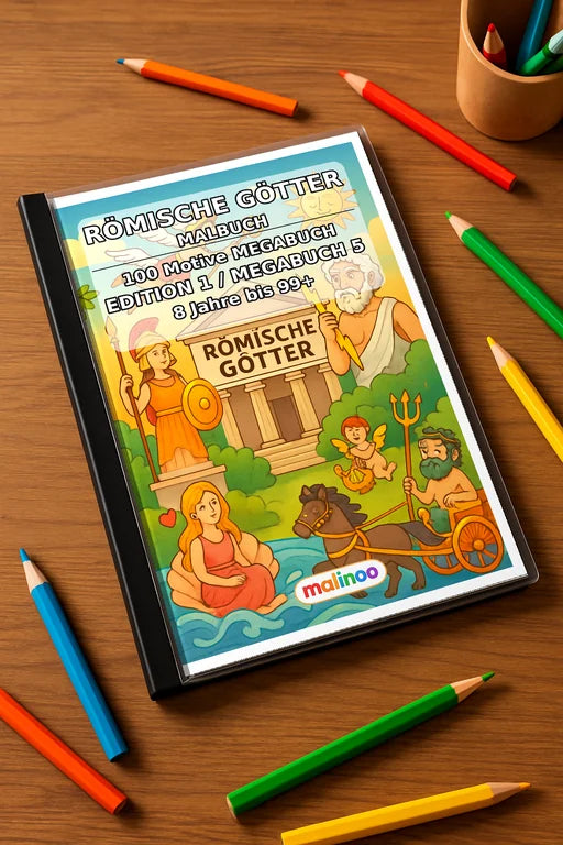 Römische Götter Malbuch 100 Ausmalbilder gedruckt+gebunden – Mockup-Ansicht