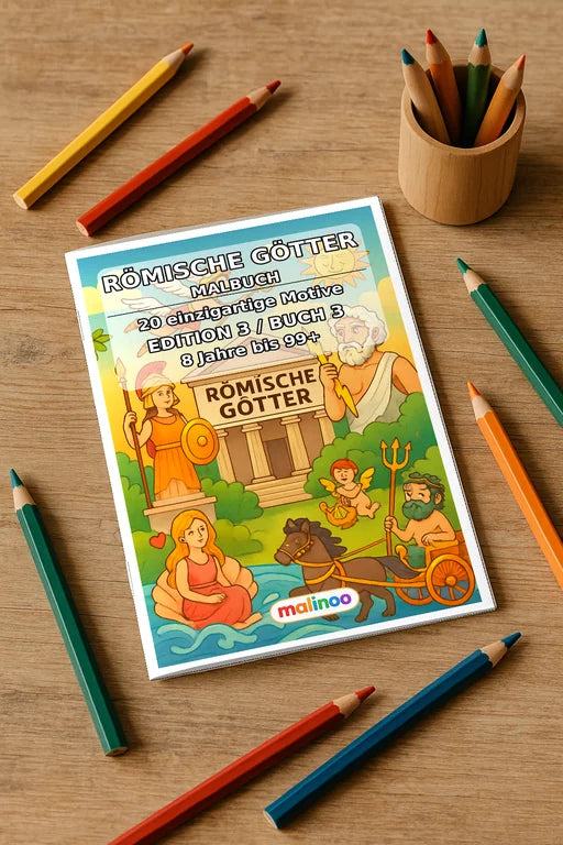 Römische Götter Malbuch 20 Ausmalbilder gedruckt+gebunden – Mockup-Ansicht