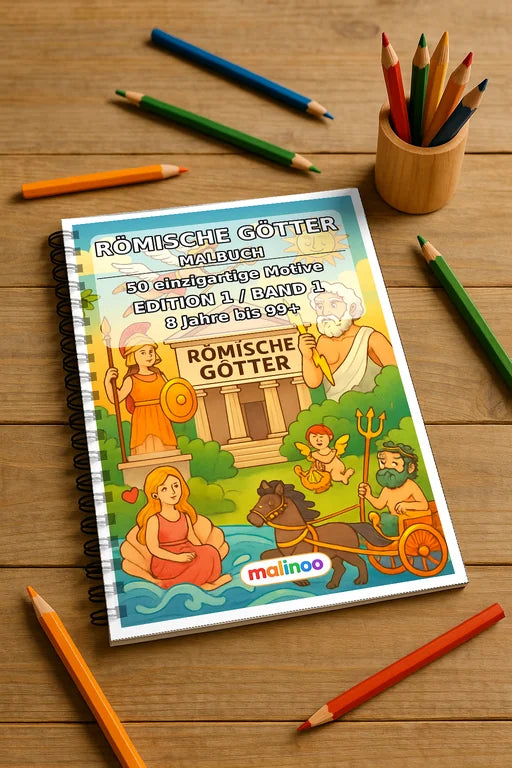 Römische Götter Malbuch 50 Ausmalbilder gedruckt und gebunden – Mockup-Ansicht