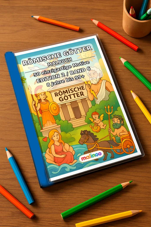 Römische Götter Malbuch 50 Ausmalbilder gedruckt+gebunden – Mockup-Ansicht