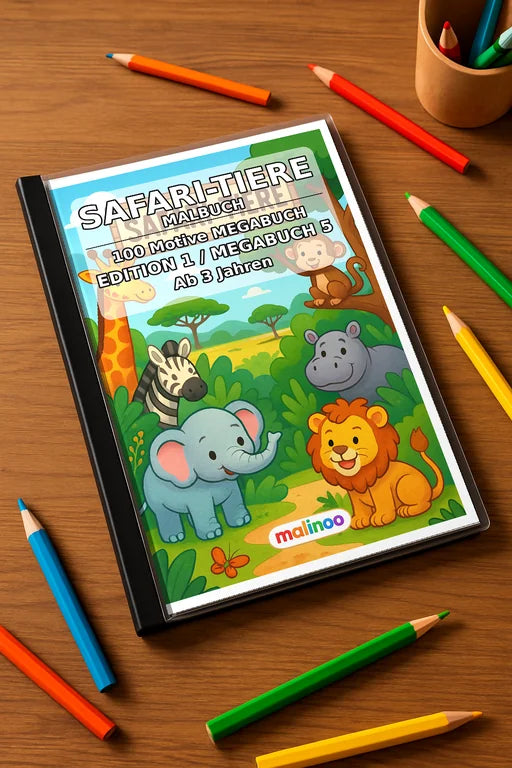 Safari-Tiere Malbuch 100 Ausmalbilder gedruckt+gebunden – Mockup-Ansicht
