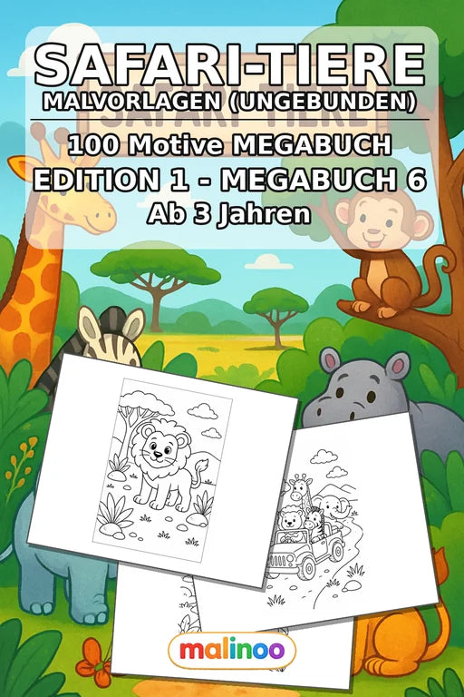 Safari-Tiere Malbuch 100 Ausmalbilder gedruckt+lose – Cover