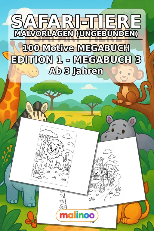 Safari-Tiere Malbuch 100 Ausmalbilder gedruckt+lose – Cover