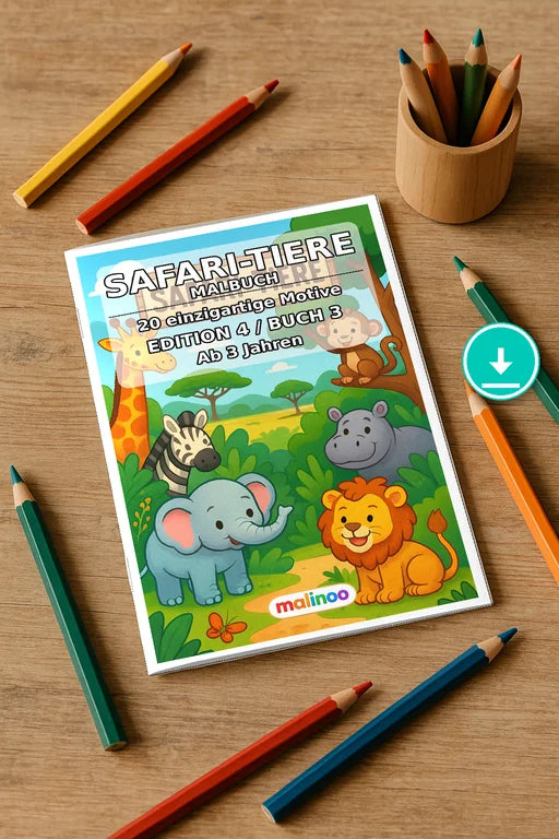 Safari-Tiere Malbuch 20 Ausmalbilder PDF Download – Mockup-Ansicht