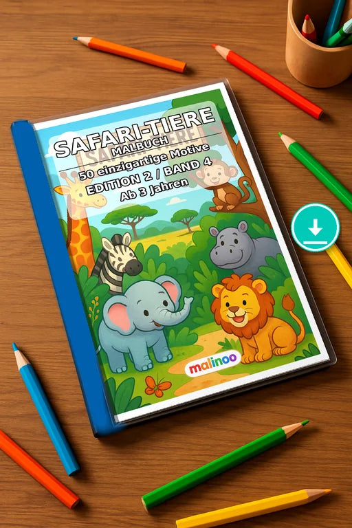 Safari-Tiere Malbuch 50 Ausmalbilder PDF Download – Mockup-Ansicht