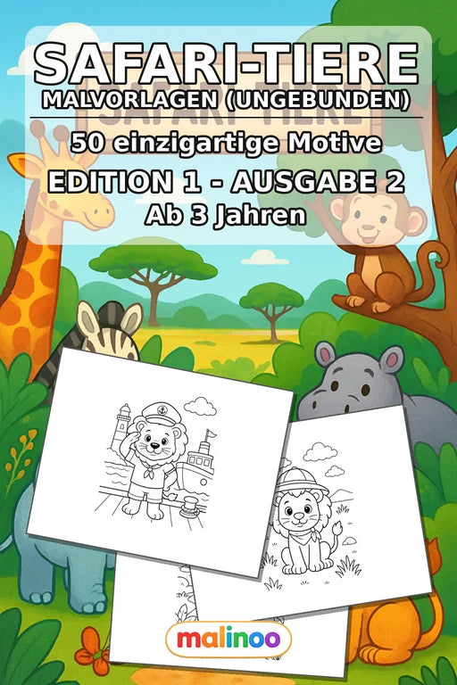 Safari-Tiere Malbuch 50 Ausmalbilder gedruckt+lose – Cover