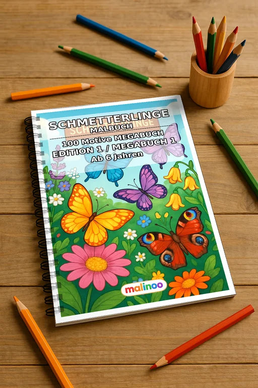 Schmetterlinge Malbuch 100 Ausmalbilder gedruckt und gebunden – Mockup-Ansicht
