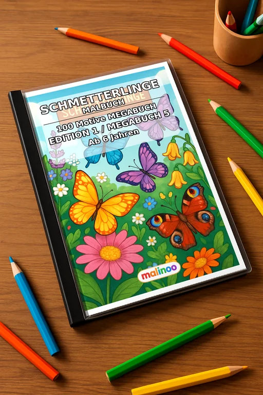 Schmetterlinge Malbuch 100 Ausmalbilder gedruckt+gebunden – Mockup-Ansicht
