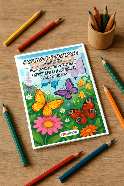 Schmetterlinge Malbuch 20 Ausmalbilder gedruckt+gebunden – Mockup-Ansicht