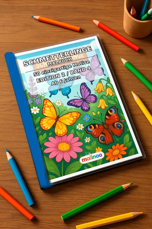 Schmetterlinge Malbuch 50 Ausmalbilder gedruckt+gebunden – Mockup-Ansicht