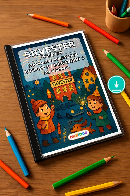 Silvester Malbuch 100 Ausmalbilder PDF Download – Mockup-Ansicht