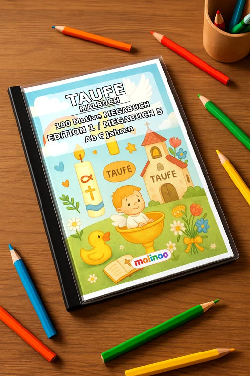 Taufe Malbuch 100 Ausmalbilder gedruckt+gebunden – Mockup-Ansicht
