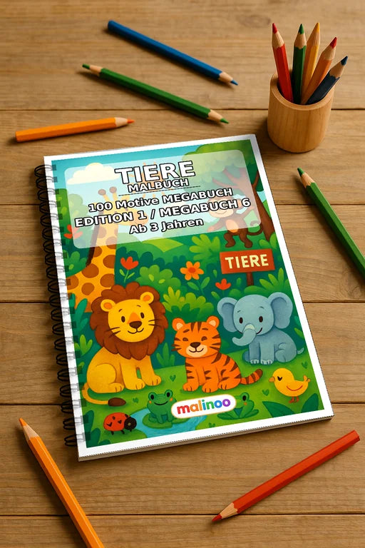 Tiere Malbuch 100 Ausmalbilder gedruckt und gebunden – Mockup-Ansicht