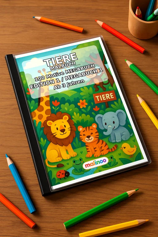 Tiere Malbuch 100 Ausmalbilder gedruckt+gebunden – Mockup-Ansicht