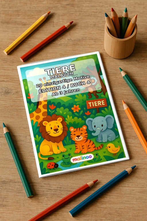 Tiere Malbuch 20 Ausmalbilder gedruckt+gebunden – Mockup-Ansicht